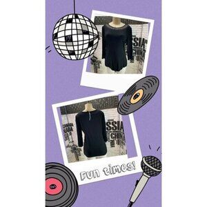 Citiknits XS Black Beaded Bateau Neckline Curved Hem Relaxed Fit 3/4 Sleeve Top